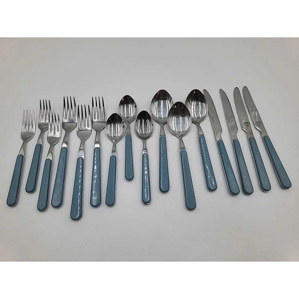16pc Culinary‎ Pro Blue Plastic Handle Stainless Flatware Set